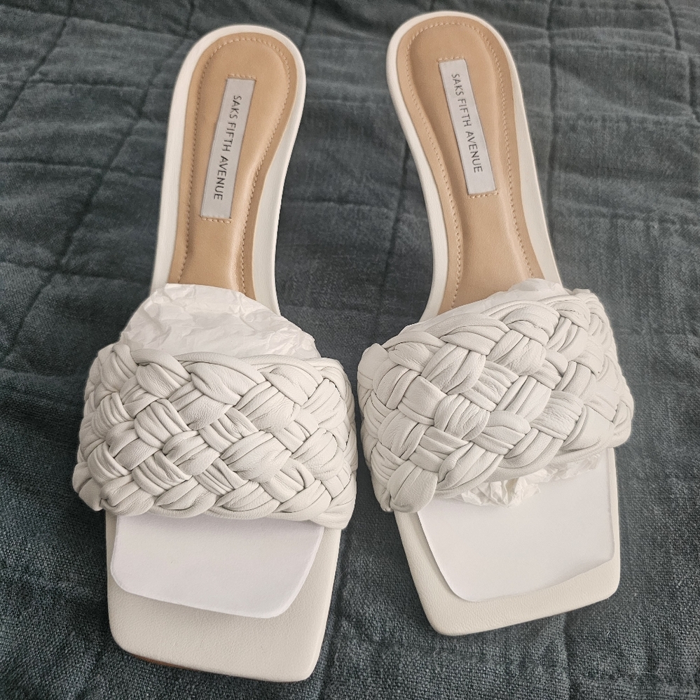 SAKS Fifth Avenue White Square Open Toe Weave Slide Sandal Heel Sz6.5